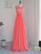 Watermelon Red Empire Scoop Sleeveless Chiffon Floor Length Zipper Lace Dama Dress for Quinceanera