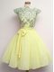 Designer Yellow Chiffon Lace Up Scalloped Cap Sleeves Knee Length Bridesmaid Dress Lace and Belt