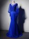 Gorgeous Royal Blue Empire Elastic Woven Satin Scoop Long Sleeves Beading and Lace and Appliques Clasp Handle Mother of Bride Dresses Brush Train