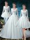 Lace and Belt Wedding Gowns White Lace Up 3 4 Length Sleeve Court Train