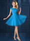 Deluxe Baby Blue A-line Lace and Belt Quinceanera Court Dresses Lace Up Tulle Cap Sleeves Knee Length