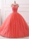 Coral Red Sleeveless Brush Train Beading and Lace Sweet 16 Dresses