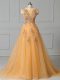 Sleeveless Appliques and Pattern Lace Up Celebrity Evening Dresses with Gold Brush Train