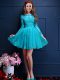 High End Aqua Blue Lace Up Scalloped Beading and Lace and Appliques Bridesmaid Gown Chiffon 3 4 Length Sleeve
