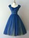 Chiffon and Tulle V-neck Cap Sleeves Lace Up Ruching Bridesmaid Gown in Blue