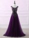 Eggplant Purple Sleeveless Sweep Train Appliques and Embroidery Homecoming Dress