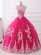 Sleeveless Tulle Floor Length Zipper Ball Gown Prom Dress in Hot Pink with Lace