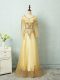 Beautiful Scoop Long Sleeves Prom Gown Floor Length Beading and Appliques and Belt Yellow Tulle