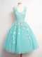 Unique Tulle V-neck Sleeveless Lace Up Lace Wedding Guest Dresses in Aqua Blue