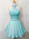 Romantic Aqua Blue Lace Up Halter Top Beading Wedding Guest Dresses Organza Sleeveless