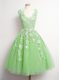 Perfect V-neck Sleeveless Bridesmaid Dress Knee Length Appliques Yellow Green Tulle