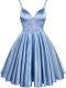 Spaghetti Straps Sleeveless Wedding Guest Dresses Knee Length Lace Light Blue Elastic Woven Satin