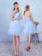 Fancy Sleeveless Mini Length Belt Lace Up Bridesmaid Gown with Aqua Blue