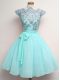 Cute Aqua Blue A-line Lace and Belt Bridesmaids Dress Lace Up Chiffon Cap Sleeves Knee Length