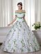 Short Sleeves Organza Floor Length Lace Up 15th Birthday Dress in White with Embroidery