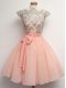 Peach A-line Chiffon Scalloped Cap Sleeves Lace and Belt Knee Length Zipper Bridesmaids Dress