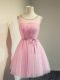 Suitable Sleeveless Tulle Knee Length Lace Up Quinceanera Court of Honor Dress in Rose Pink with Belt