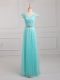Low Price Aqua Blue Tulle and Lace Lace Up V-neck Cap Sleeves Floor Length Mother Dresses Beading and Appliques
