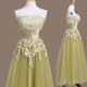 Exceptional Olive Green Empire Strapless Sleeveless Tulle Tea Length Lace Up Appliques Bridesmaid Dresses