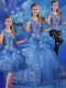 Sweet Blue Three Pieces Organza Off The Shoulder Cap Sleeves Beading and Embroidery Floor Length Lace Up Quince Ball Gowns