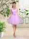 Lilac Lace Up V-neck Lace and Belt Court Dresses for Sweet 16 Tulle Sleeveless