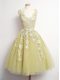 High End Yellow A-line Tulle V-neck Sleeveless Appliques Knee Length Lace Up Court Dresses for Sweet 16
