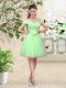 Nice Apple Green A-line Tulle V-neck Cap Sleeves Lace and Belt Knee Length Lace Up Bridesmaid Dresses