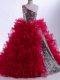 Wine Red One Shoulder Neckline Ruffles and Sequins Pageant Gowns For Girls Sleeveless Zipper