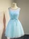 Exceptional Aqua Blue Empire Tulle Scoop Sleeveless Belt Knee Length Lace Up Quinceanera Court Dresses