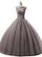 New Arrival Brown Tulle Lace Up Scoop Sleeveless Floor Length Ball Gown Prom Dress Beading and Lace