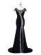 Scoop Cap Sleeves Brush Train Zipper Formal Evening Gowns Black Elastic Woven Satin