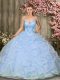 Edgy Light Blue Ball Gowns Sweetheart Sleeveless Tulle Floor Length Lace Up Beading and Ruffles Quince Ball Gowns