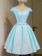 Aqua Blue A-line Belt Bridesmaid Gown Lace Up Taffeta Cap Sleeves Knee Length