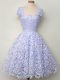 Fine Knee Length Lavender Damas Dress Straps Cap Sleeves Lace Up