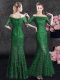 Artistic Mermaid Floor Length Green Mother of the Bride Dress Off The Shoulder Half Sleeves Lace Up