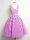 Exquisite Lilac A-line V-neck Sleeveless Tulle Knee Length Lace Up Lace Bridesmaid Gown