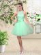Eye-catching Apple Green Tulle Lace Up Halter Top Sleeveless Knee Length Wedding Guest Dresses Lace and Belt
