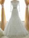 Affordable White Tulle Zipper Wedding Gowns Long Sleeves Brush Train Lace and Appliques