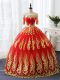 On Sale Red Half Sleeves Printed Lace Up Quinceanera Gowns for Military Ball and Sweet 16 and Quinceanera