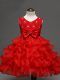 Perfect Red Sleeveless Knee Length Lace and Ruffled Layers and Bowknot Zipper Kids Pageant Dress