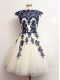 Trendy Sleeveless Mini Length Appliques Lace Up Quinceanera Court of Honor Dress with Blue And White