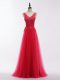 Fantastic Coral Red Backless Prom Evening Gown Lace and Appliques Sleeveless Floor Length