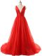 Cheap Red A-line Ruching Prom Evening Gown Backless Organza Sleeveless