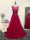 Fashionable Fuchsia Tulle Zipper Scoop Sleeveless Evening Dress Brush Train Beading and Belt