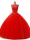 Most Popular Red Ball Gowns Beading and Lace 15th Birthday Dress Lace Up Tulle Sleeveless Floor Length