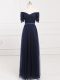 Navy Blue Tulle Lace Up Off The Shoulder Short Sleeves Floor Length Bridesmaids Dress Ruching