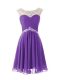 Suitable Eggplant Purple Cap Sleeves Knee Length Beading Zipper Prom Dress