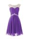 Suitable Eggplant Purple Cap Sleeves Knee Length Beading Zipper Prom Dress