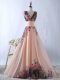 Unique V-neck Sleeveless Printed Prom Gown Ruching Lace Up