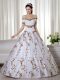Comfortable Organza Off The Shoulder Short Sleeves Lace Up Embroidery Sweet 16 Quinceanera Dress in White
